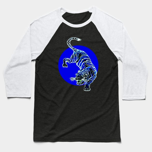 Blue and White Tiger Circle Baseball T-Shirt by ZeichenbloQ